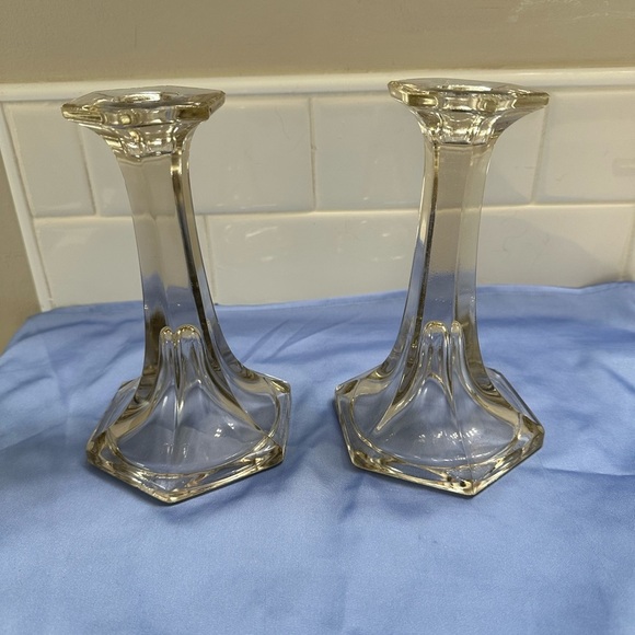 Vintage Crystal Glass Candlestick Holders Set of Two Hexagon Base Flute Design - Picture 1 of 8